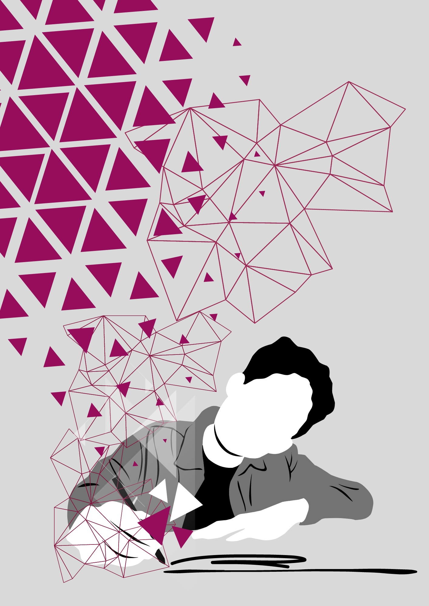 Abstract illustration of a student writing, with geometric shapes symbolising creativity and ideas emerging from the page.